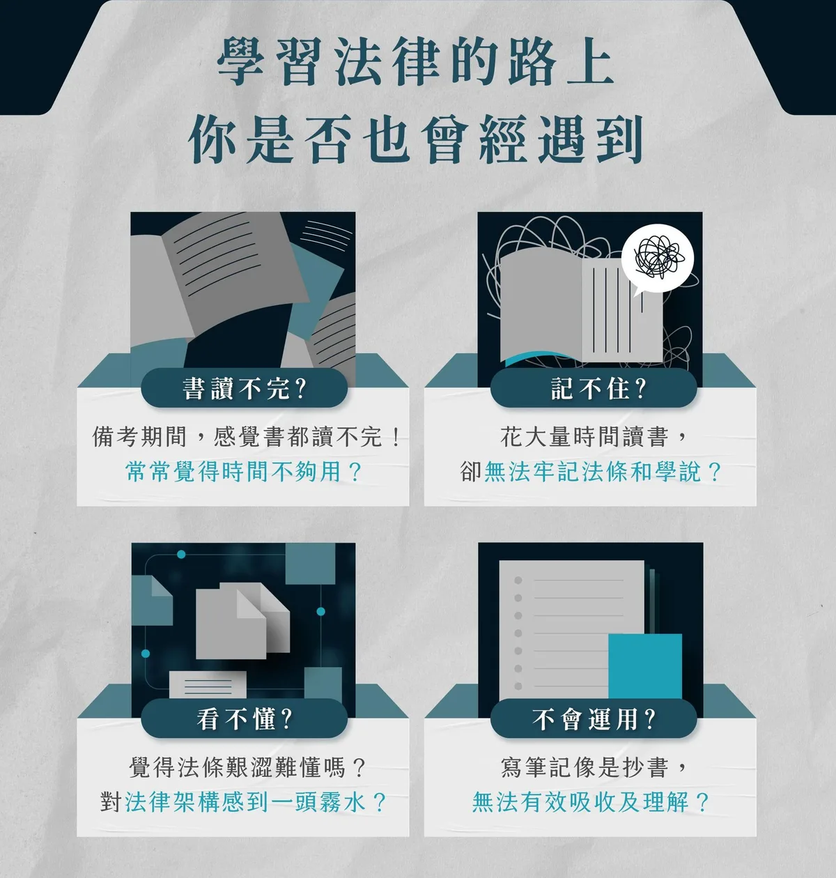學習法律的路上你是否也曾經遇到：書讀不完、記不住、看不懂、不會運用